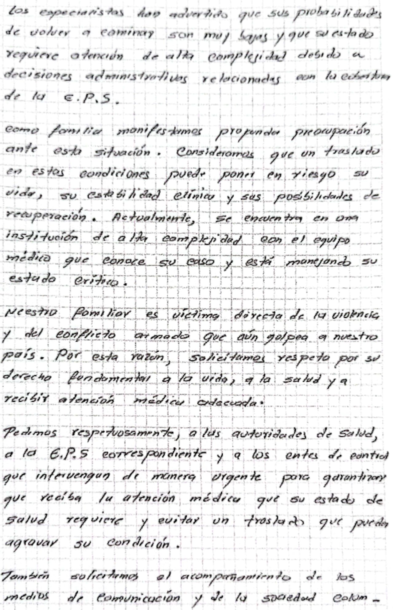 Familia denuncia riesgo para víctima de ataque armado y pide evitar traslado médico. carta a medios