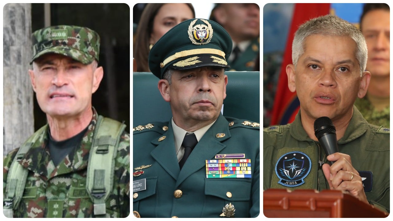 El nuevo comandante del Ejército Nacional, Royer Gómez Herrera; el comandante general de las FF.MM., Hugo Alejandro López Barreto; y el comandante de la Fuerza Aeroespacial, Carlos Fernando Silva Rueda.