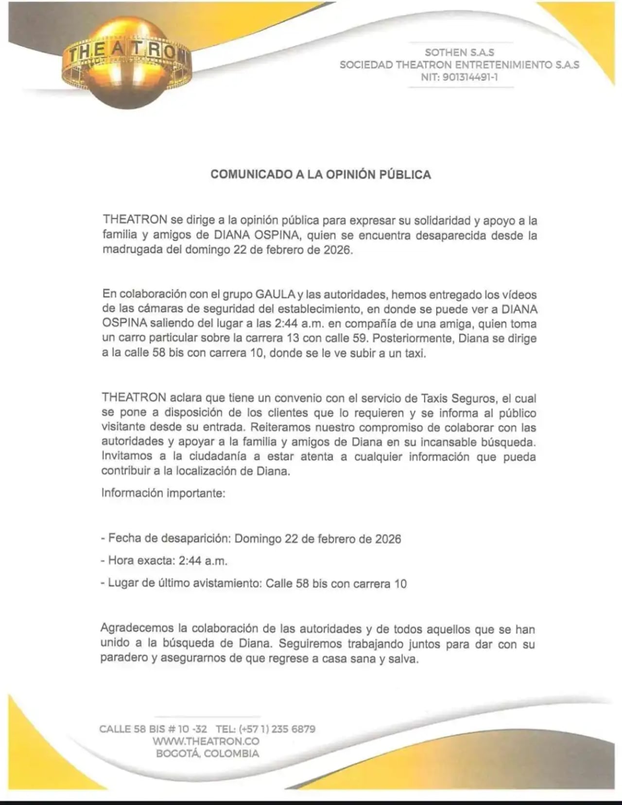 Este es el comunicado de Theatron en el caso de Diana Ospina.