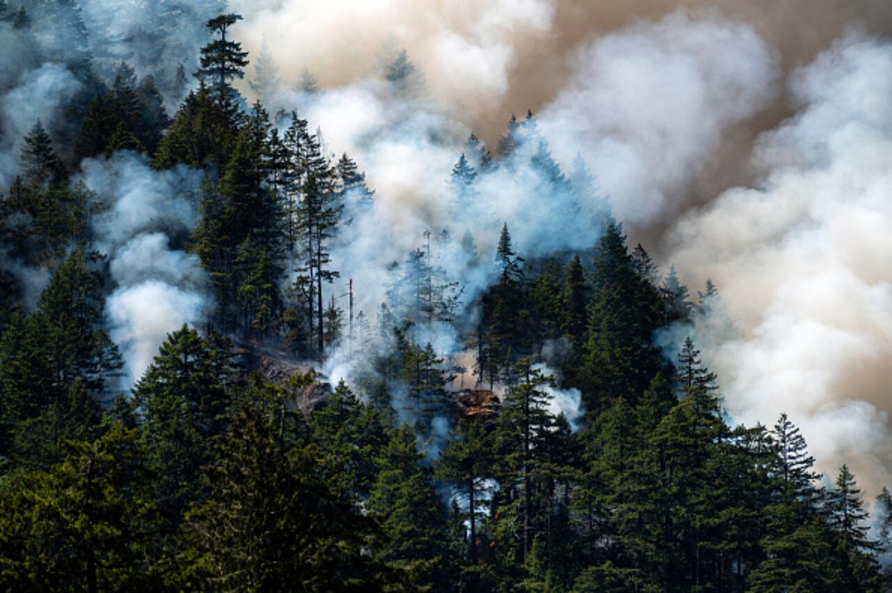 Humo del incendio forestal de Cameron Bluffs cerca de Port Alberni, Columbia Británica, Canadá, el martes 6 de junio de 2023. Canadá está en camino de ver su peor temporada de incendios forestales en la historia registrada si la tasa de tierra quemada continúa al mismo ritmo. Fotógrafo: James MacDonald/Bloomberg vía Getty Images