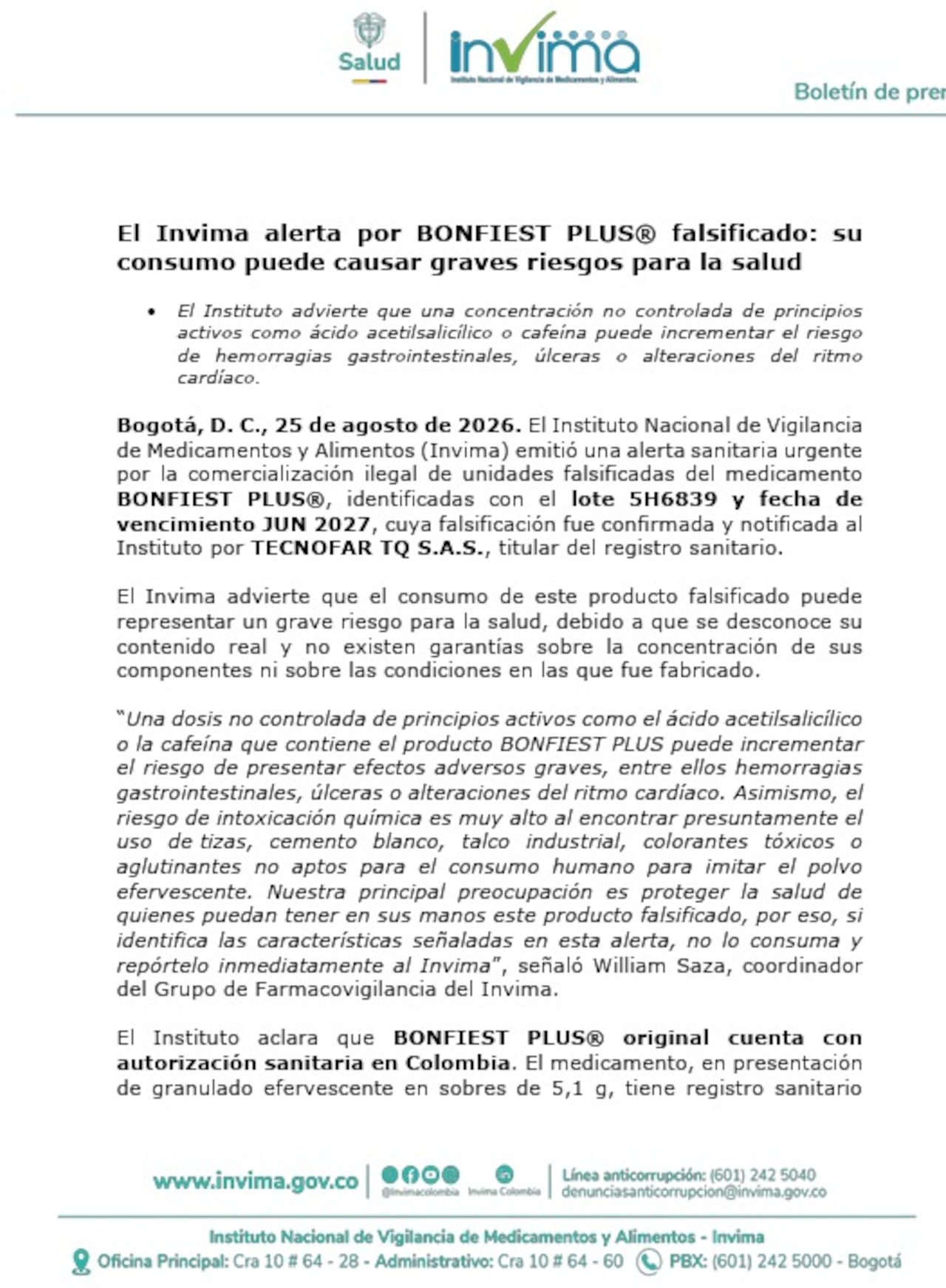 Falsificación de unidades de BONFIEST PLUS® correspondientes al lote 5H6839 y con vencimiento JUN 2027.