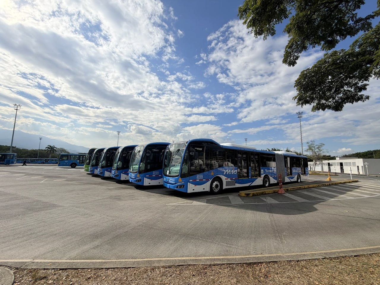 Uno de los nuevos buses articulados eléctricos incorporados a la flota del MIO en las calles de Cali.