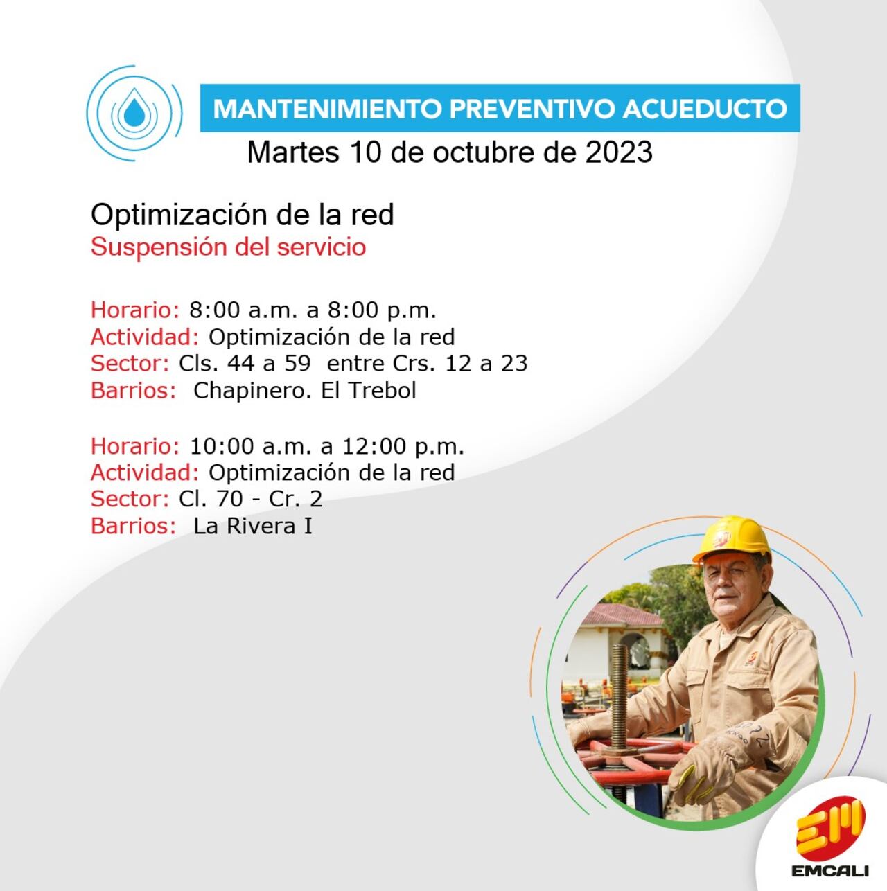 Emcali anunció cortes por mantenimiento para este martes 10 de octubre.