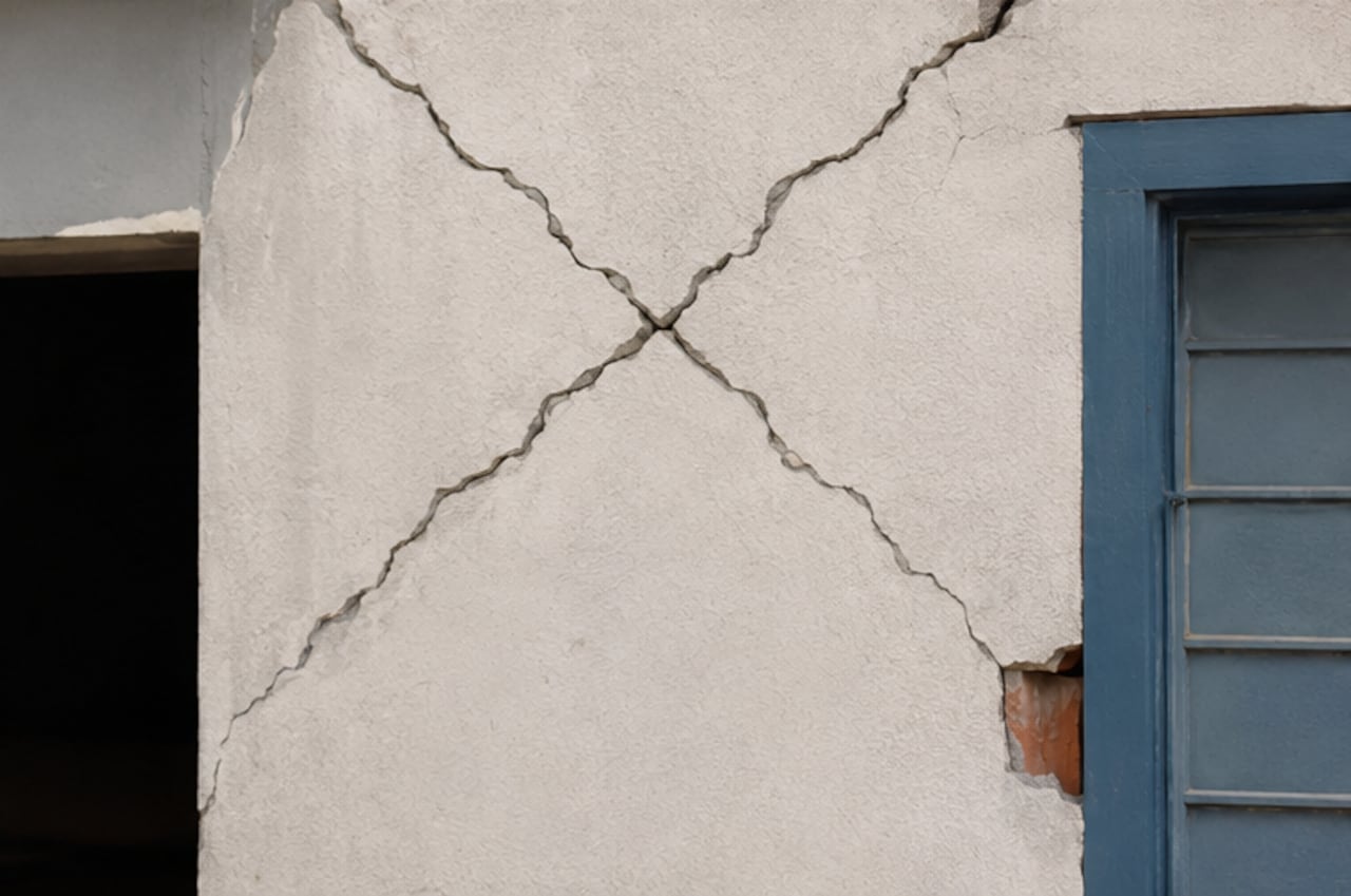 Las fisuras que se cruzan y forman una ‘X’ pueden indicar esfuerzos importantes en el muro, especialmente después de un movimiento sísmico.