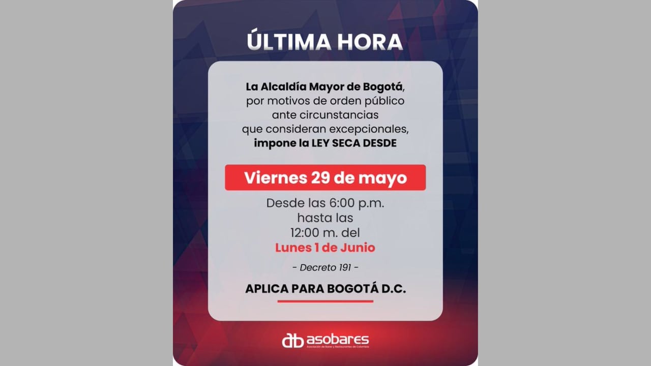 La ley seca comenzará desde las 6:00 p.m. del viernes 29 de mayo y se extenderá hasta el mediodía del lunes 1 de junio por razones de orden público durante las elecciones presidenciales.
