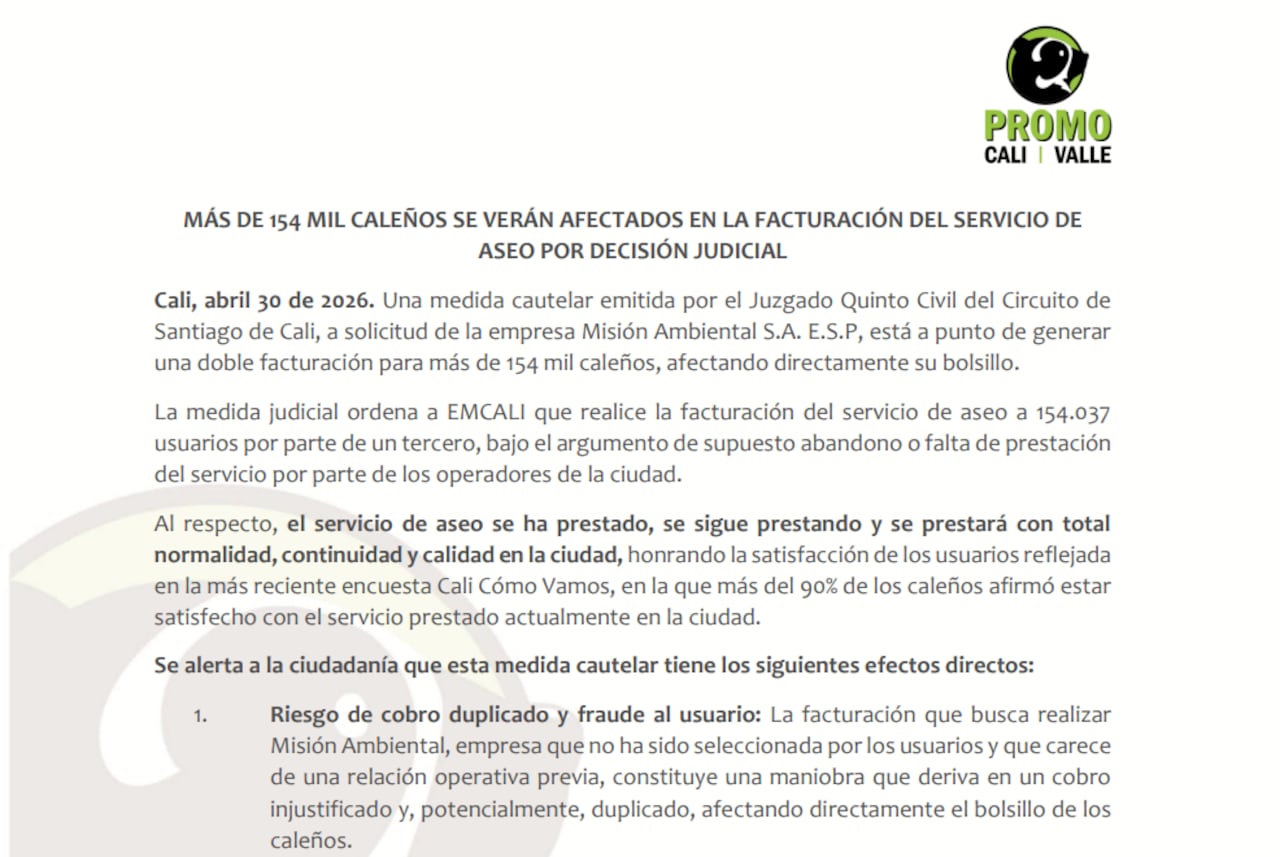 Este es el comunicado emitido por Promo Cali / Valle el pasado 30 de abril.