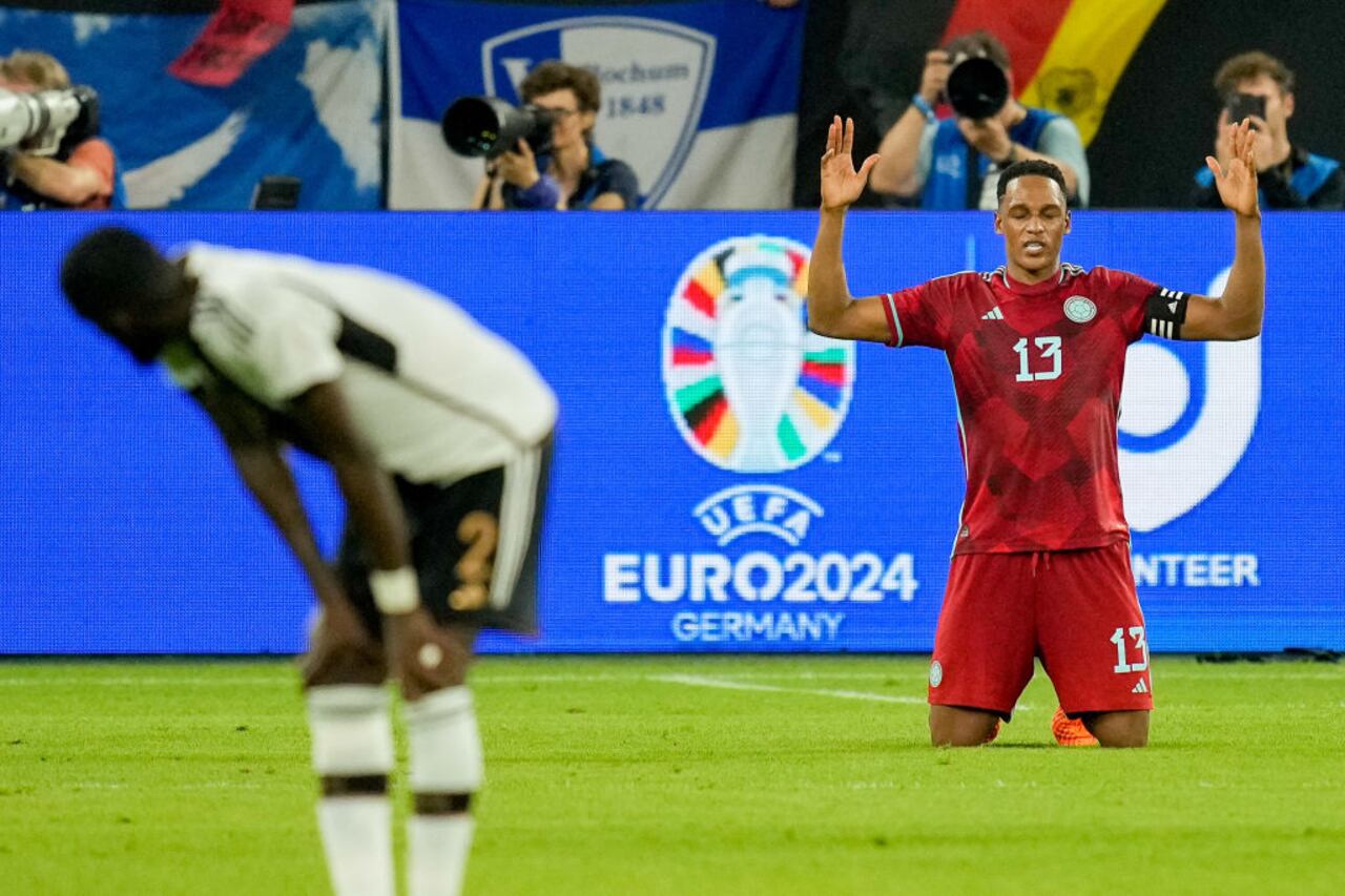 GELSENKIRCHEN, GERMANY - JUNE 20: Yerry Mina of Colombia gestures after the international friendly match between Germany and Colombia at Veltins-Arena on June 20, 2023 in Gelsenkirchen, Germany. (Photo by Alex Gottschalk/DeFodi Images via Getty Images)