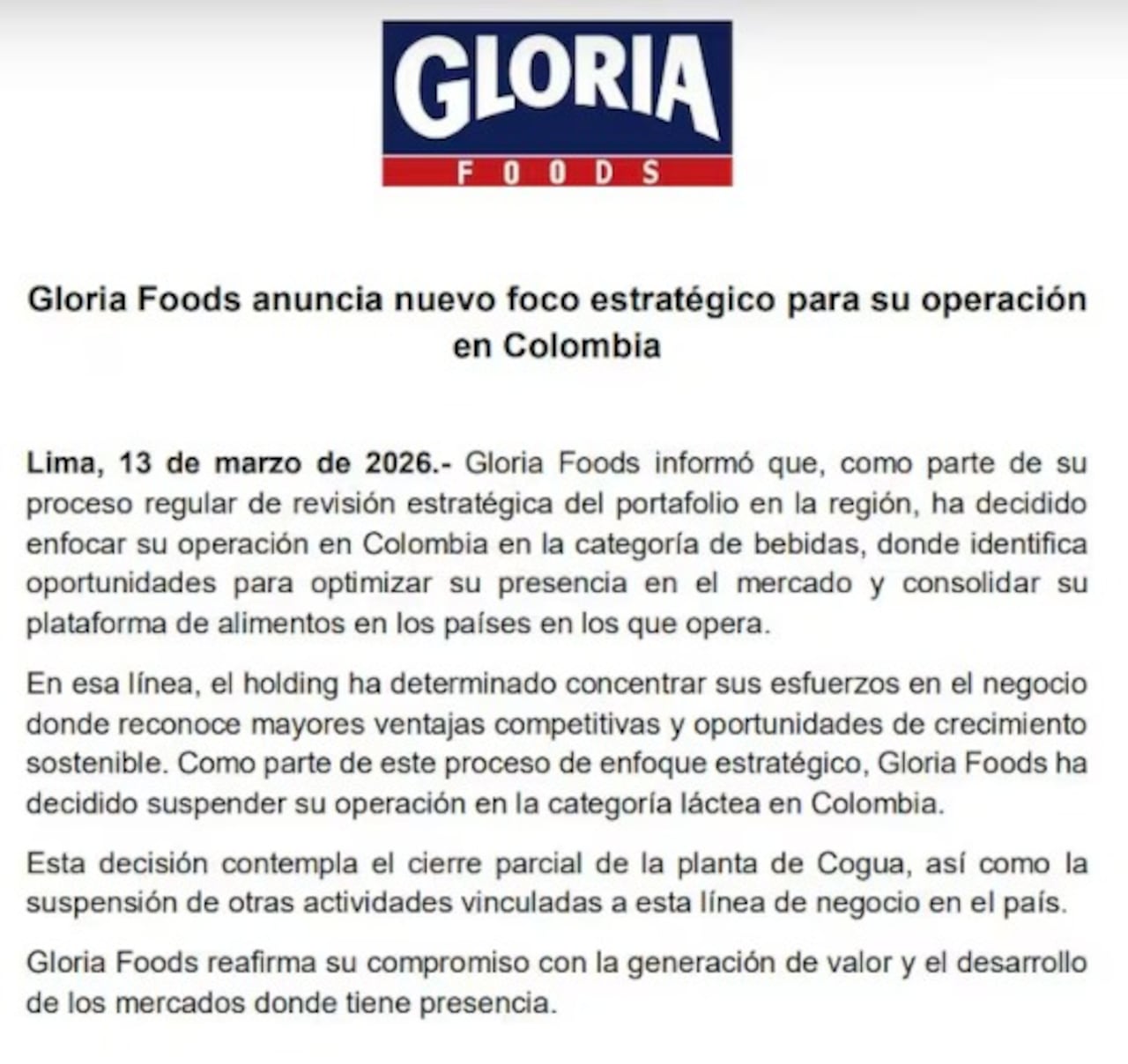 El anuncio sobre la reorganización en Colombia se produce semanas después de que la empresa comunicara una operación relevante.