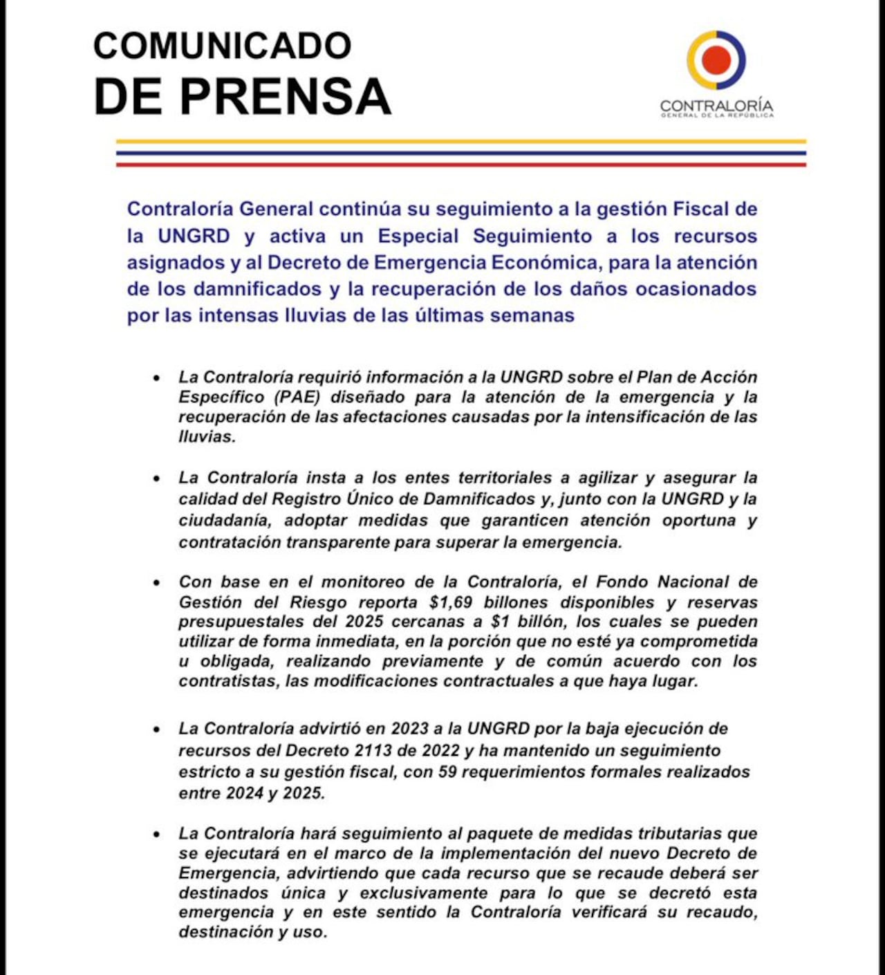 Contraloría activó un Especial Seguimiento a los recursos públicos destinados a la atención de los damnificados y a la recuperación de los daños ocasionados por las intensas lluvias.