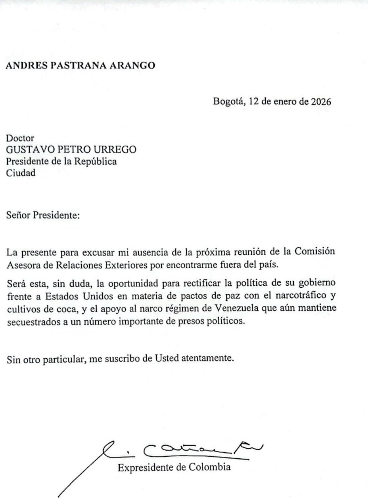 Carta del expresidente Andrés Pastrana.