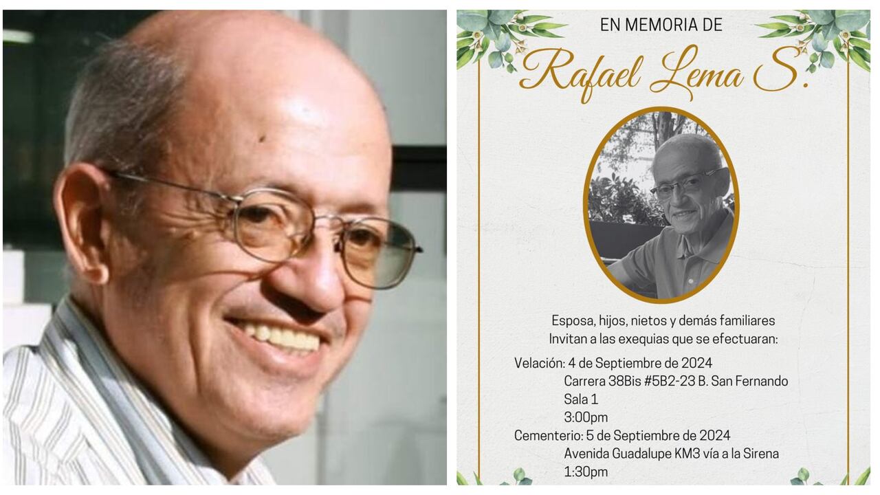 Su esposa Guiomar, sus hijos Adriana y Andrés, nietos y demás familiares invitan a las exequias que se llevarán a cabo hoy, 5 de septiembre de 2024, en la Avenida Guadalupe, kilómetro 3 vía a La Sirena, a las 1:30 p. m. en Cali.