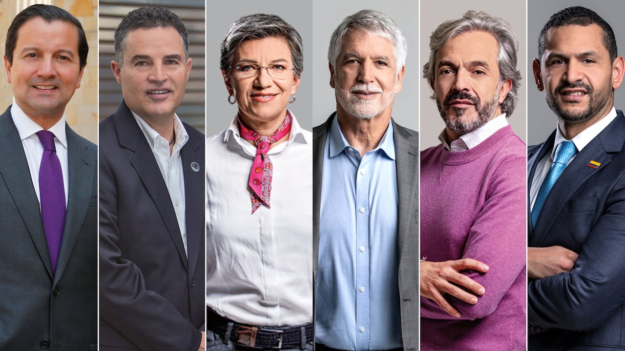 Precandidatos a la Presidencia en 2026. De izquierda a derecha: David Luna, Aníbal Gaviria, Claudia López, Enrique Peñalosa, Juan Daniel Oviedo y Daniel Palacios.
