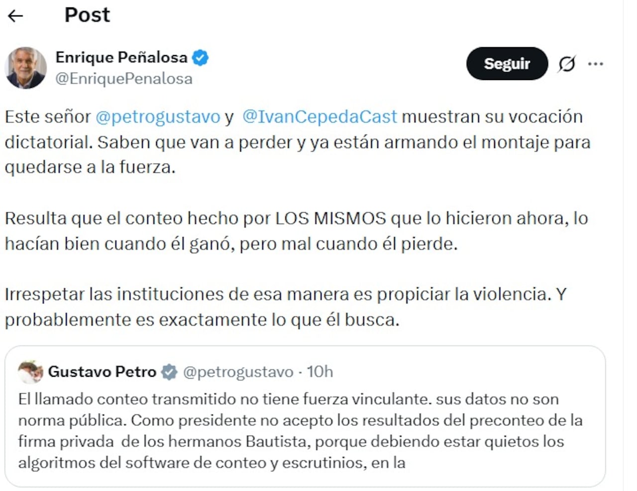 Enrique Peñalosa cuestionó publicación de Petro.