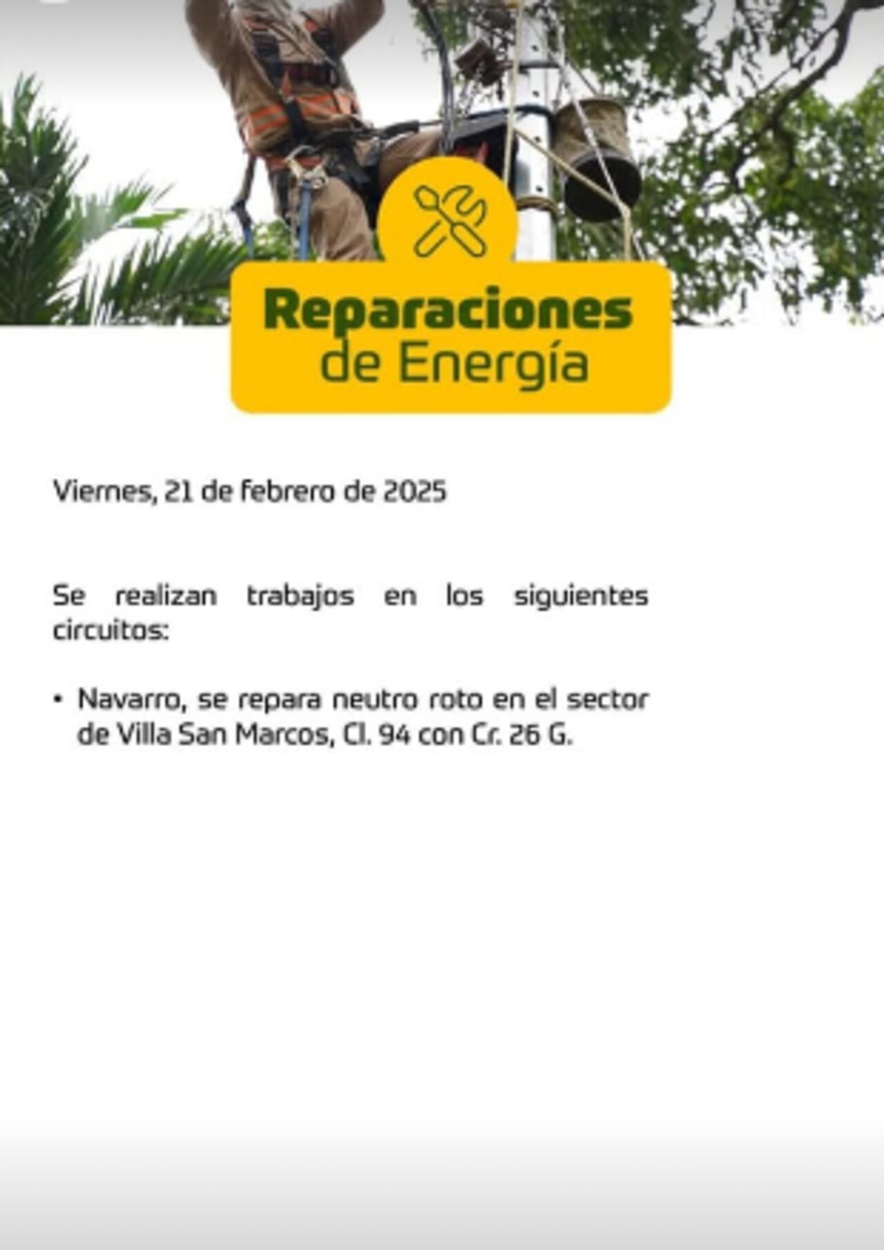 Por otro lado, Emcali realizará trabajos en la red eléctrica en los siguientes circuitos
