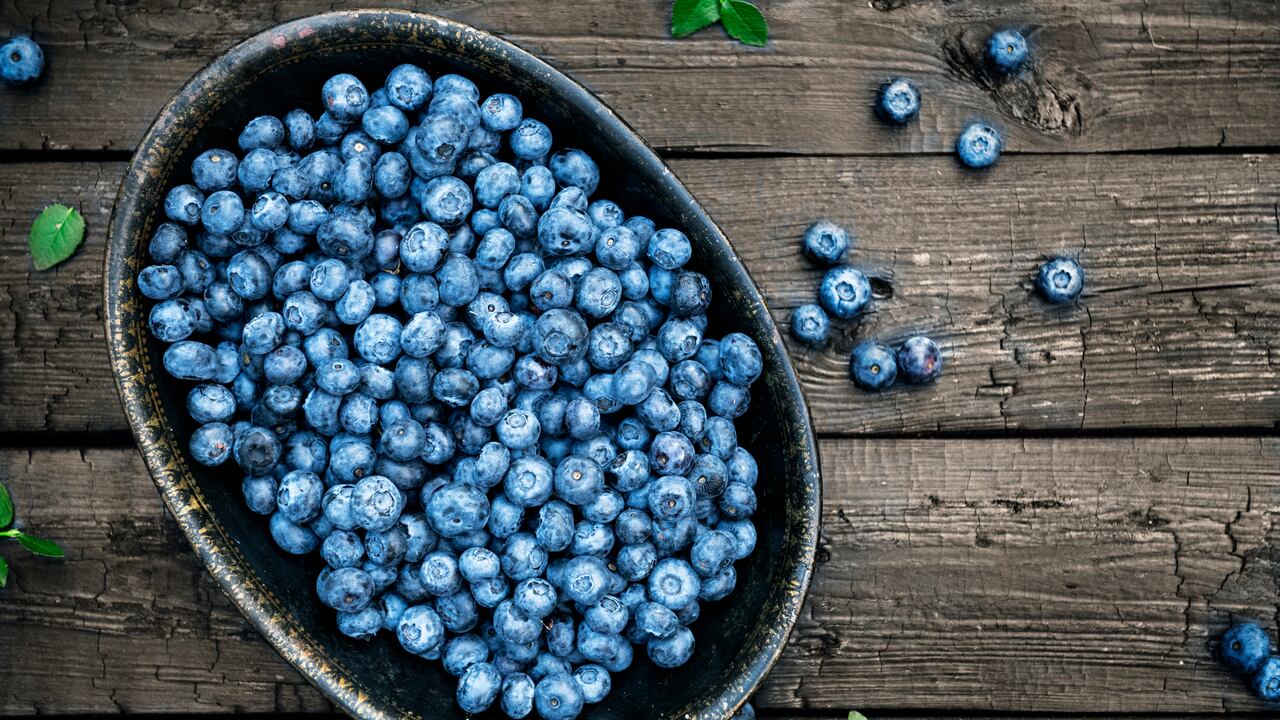 Organic wild blueberries on dark wooden background.