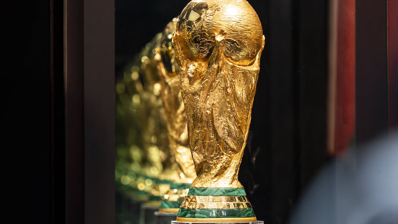 GUWAHATI, INDIA - JANUARY 13: FIFA World Cup Trophy stands on display for public inside a glass box during the Special Trophy Tour on January 13, 2026 in Guwahati, India. Ahead of the FIFA World Cup 2026, which is scheduled to kick off on June 11, the original FIFA World Cup Trophy arrived in India as part of its official global trophy tour. David Talukdar / Anadolu (Photo by David Talukdar / Anadolu via AFP)