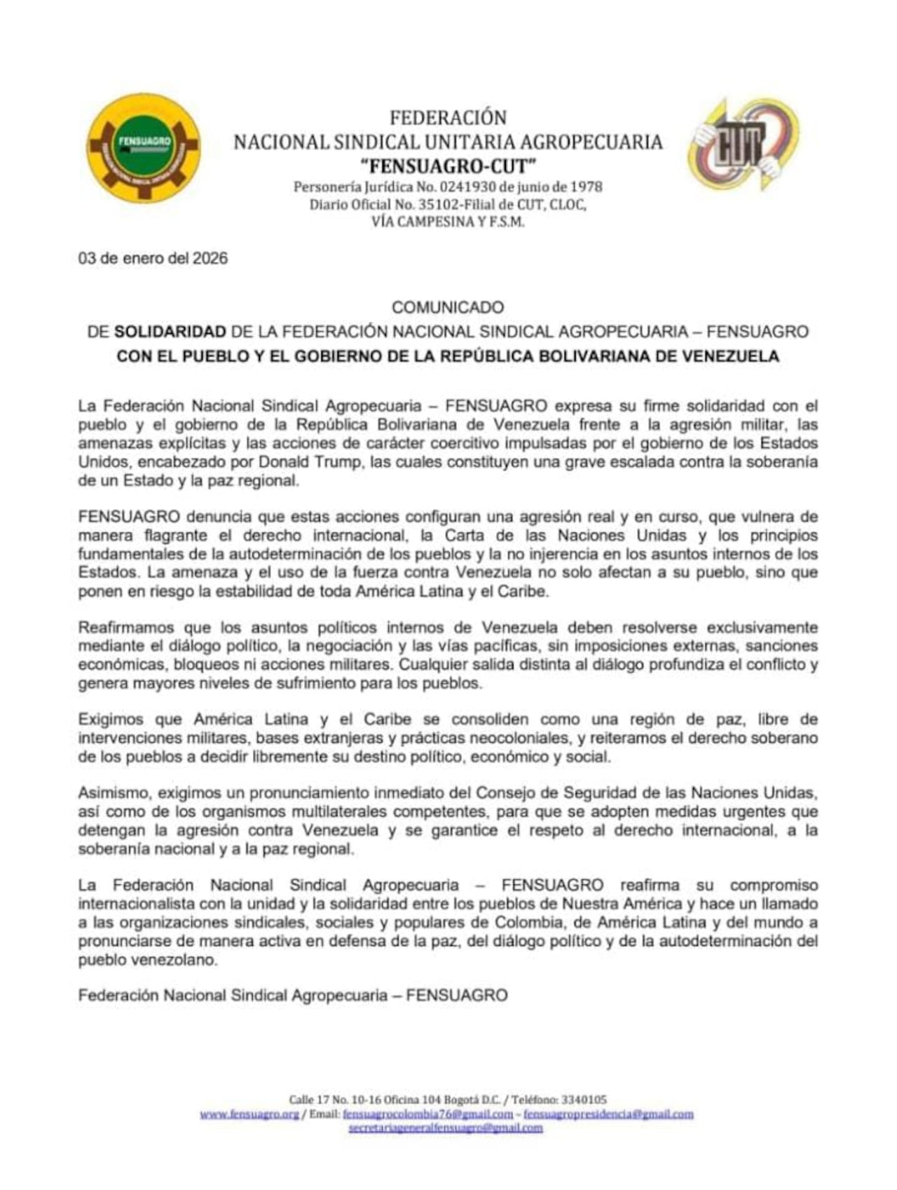 Los integrantes de Fensuagro compartieron este comunicado de prensa, donde plasmaban su rechazo frente a la operación militar que adelantó Estados Unidos en Venezuela.