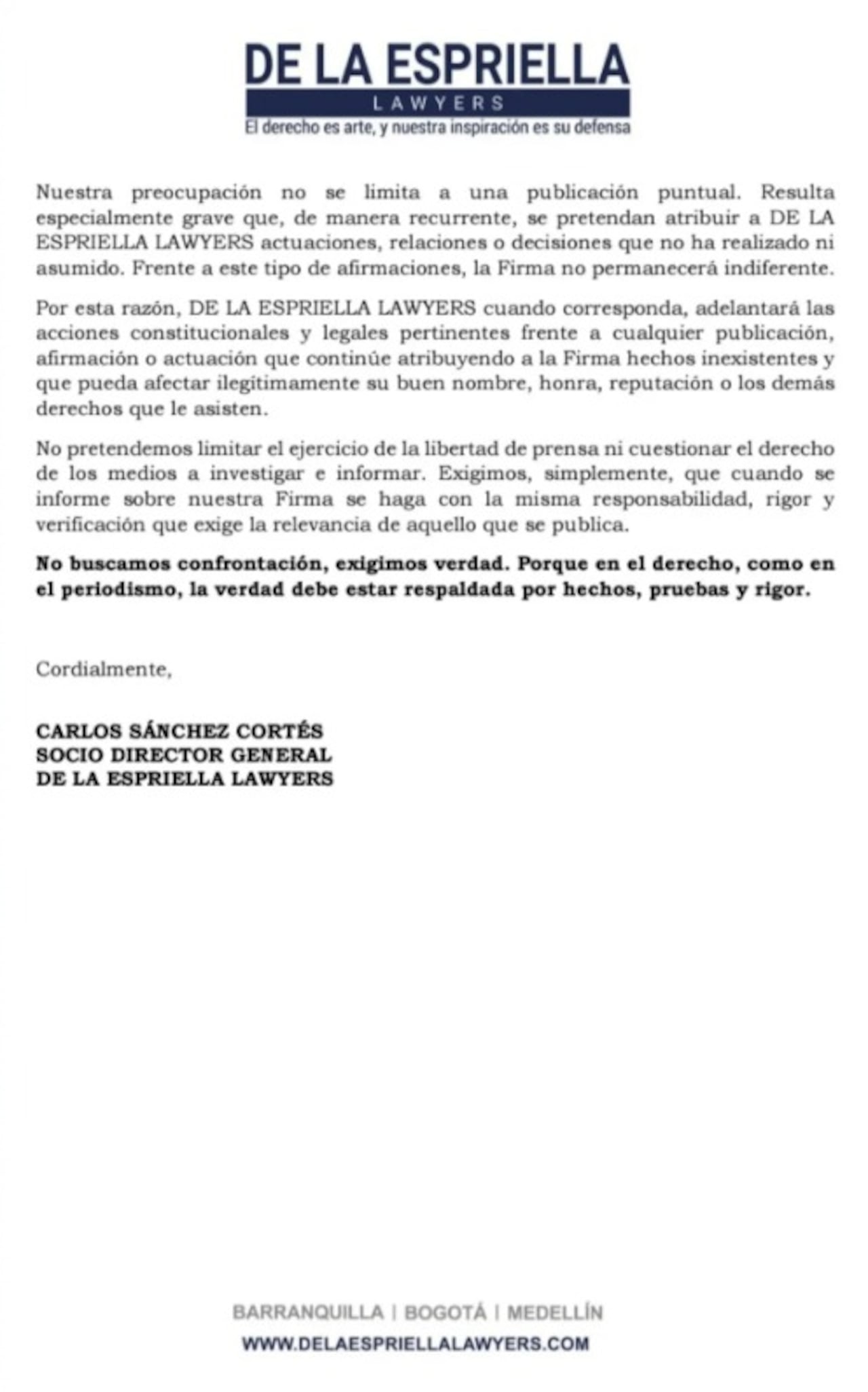 DE LA ESPRIELLA LAWYERS rechaza de manera categórica las afirmaciones de que exista una "red de alianzas" o relación alguna de su firma para la defensa de Ricardo Orrego.