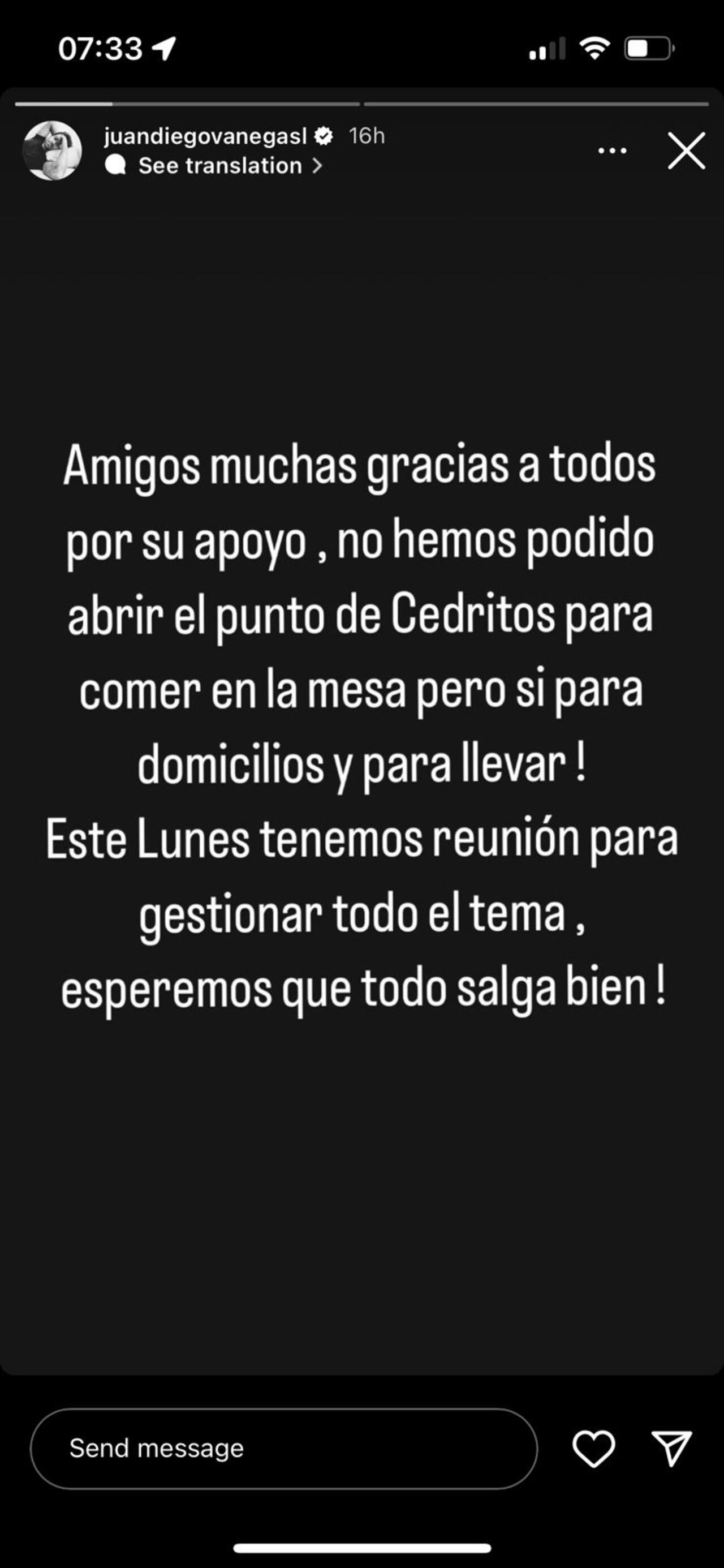 Mensaje del chef Juan Diego Vanegas a sus seguidores.
Imagen tomada de la red social Instagram