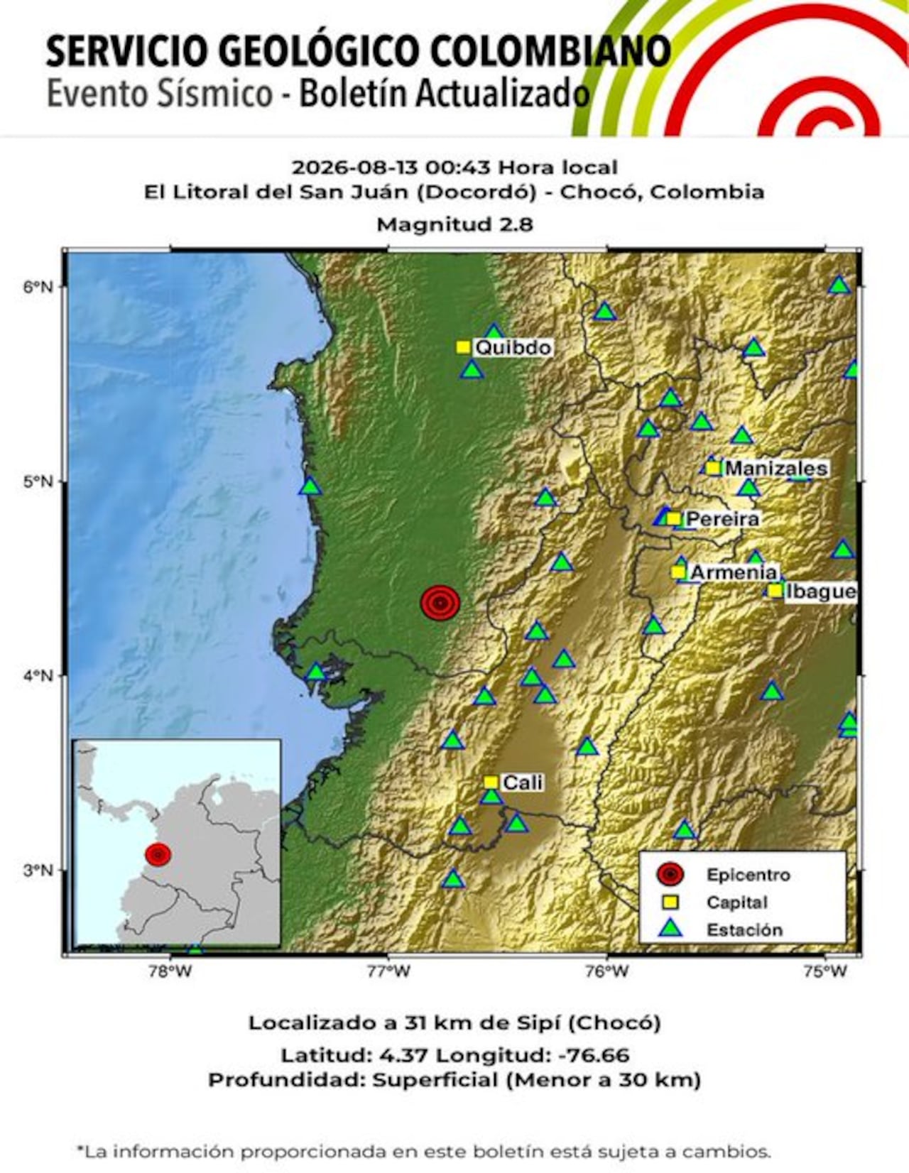 Temblor en la madrugada de este jueves en el litoral del San Juan (Docordó) - Chocó.