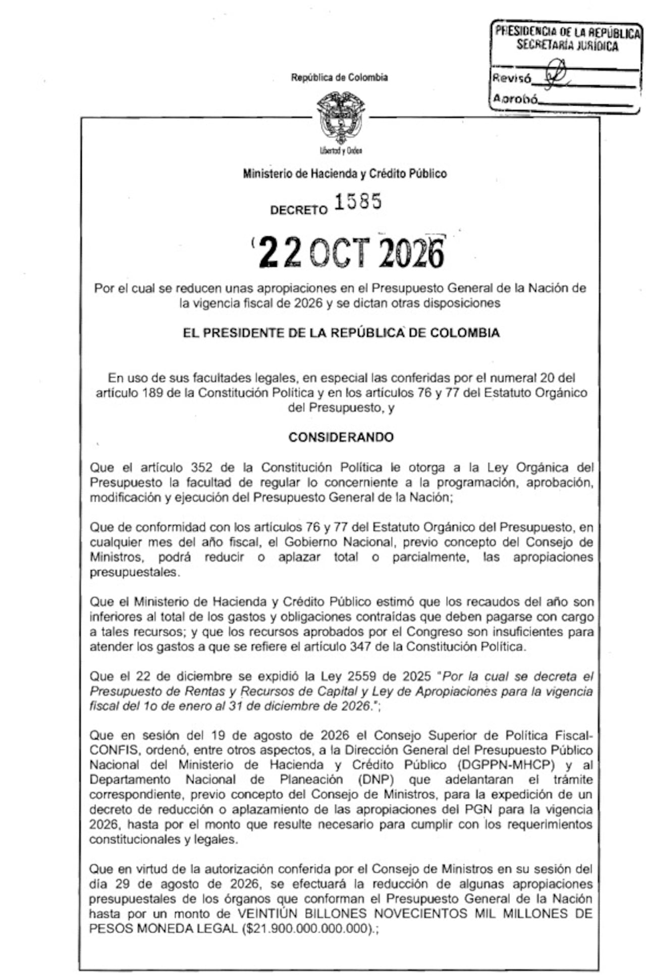 Decreto de reducción de presupuesto
