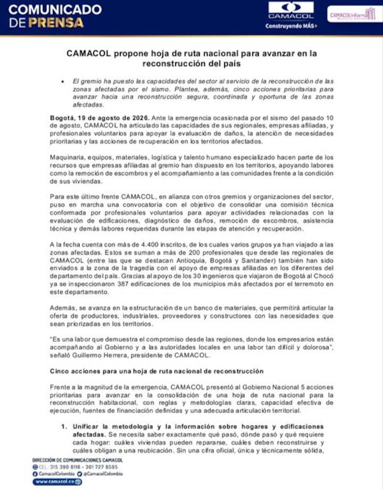 CAMACOL propone hoja de ruta nacional para avanzar en la reconstrucción del país