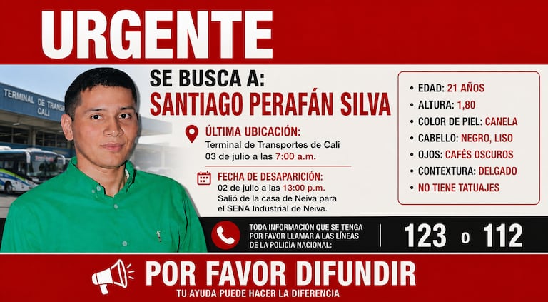 Según el aviso de búsqueda, Santiago llegó desde Neiva y no conoce personas en Cali.
