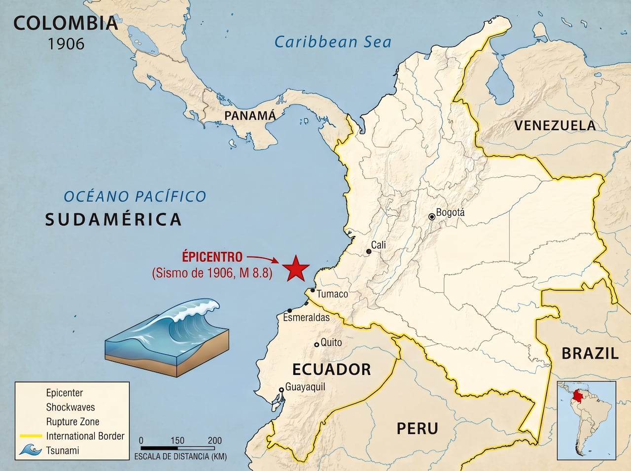 El terremoto de 1906 tuvo epicentro en el lecho marino frente a las costas del Pacífico y desencadenó un tsunami que golpeó a Colombia y Ecuador.