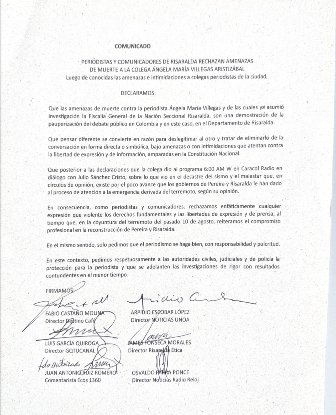 Carta en defensa de Ángela María Villegas.