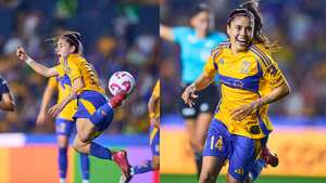 Lizbeth Ovalle, delantera de Tigres, celebrando su anotación.