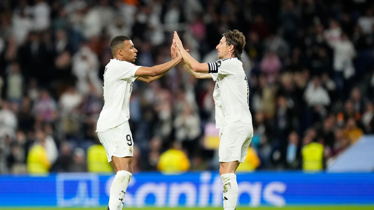 Kylian Mbappe centre-forward of Real Madrid and France celebrates after scoring his sides first goal during the LaLiga match between Real Madrid CF and RCD Mallorca at Estadio Santiago Bernabeu on May 14, 2025 in Madrid, Spain. (Photo by Jose Breton/Pics Action/NurPhoto via Getty Images)
