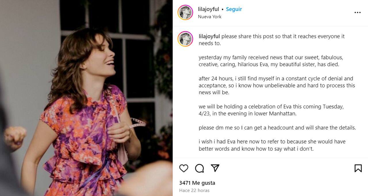 Eva Evans fue una reconocida creadora de contenido que falleció de manera repentina. Su hermana publicó un emotivo mensaje en sus redes sociales.