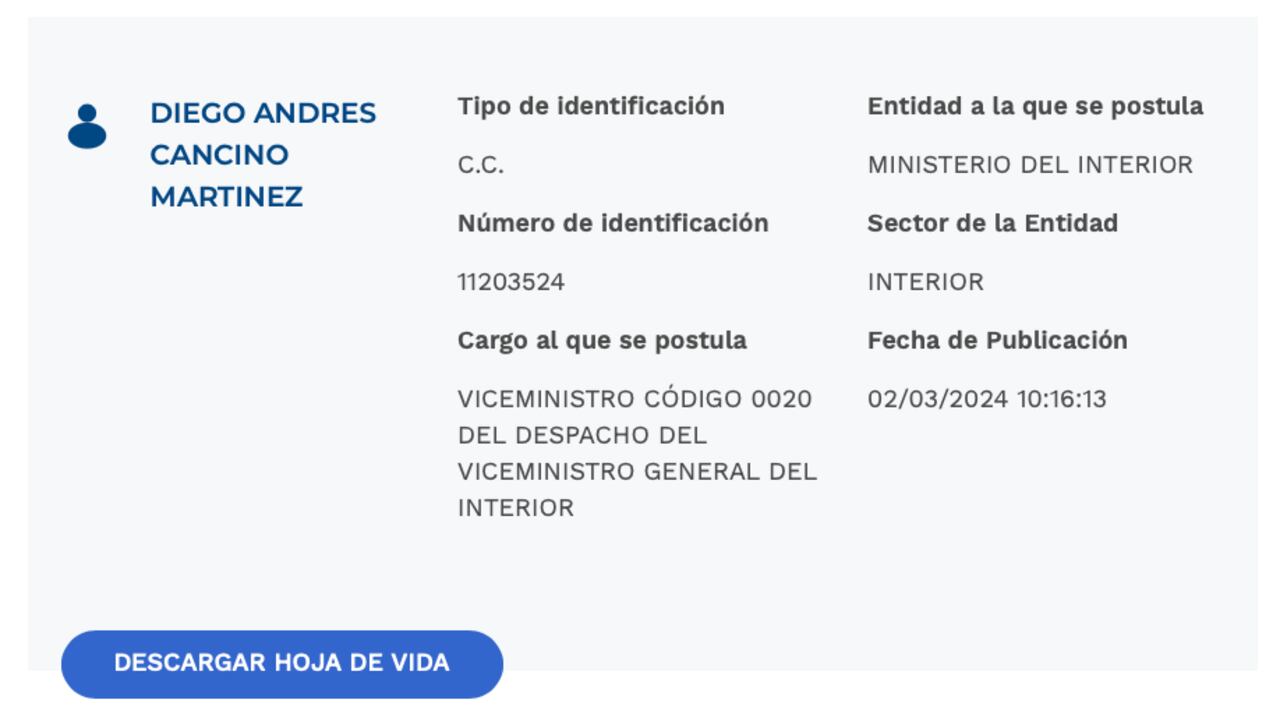 Hoja de vida de Diego Cancino para el viceministerio del Interior.