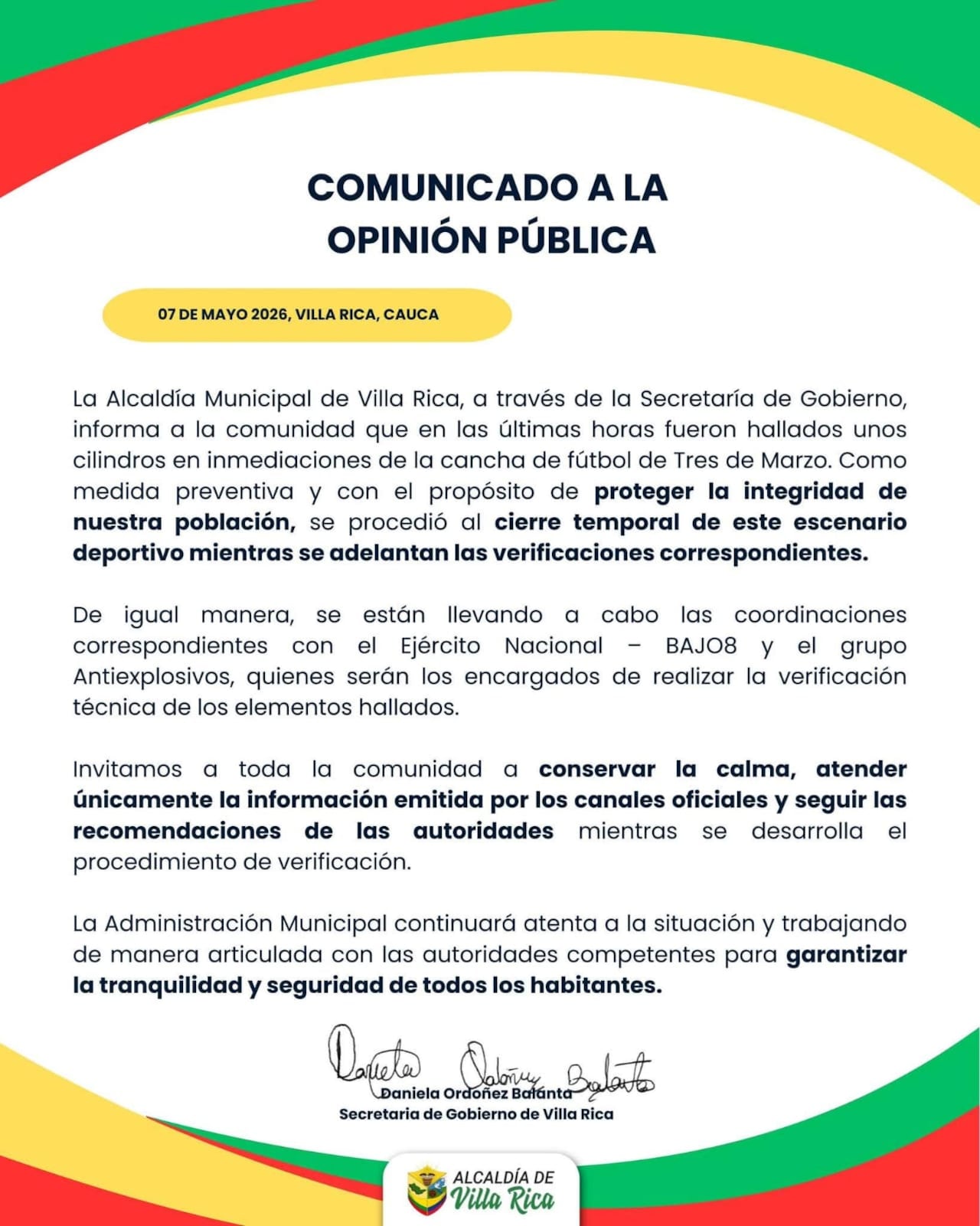 Comunicado de la Alcaldía de Villa Rica, Cauca.