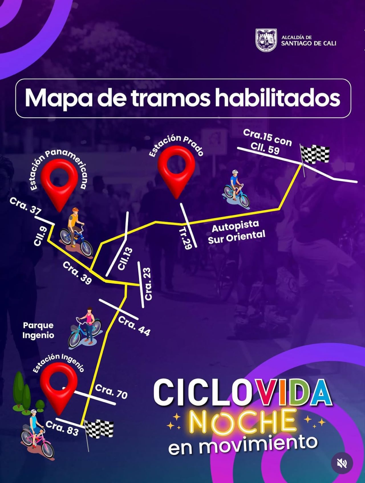 Tramos habilitados para la jornada de Ciclovida Nocturna programada para este jueves 25 de junio desde las 7:30 p.m.