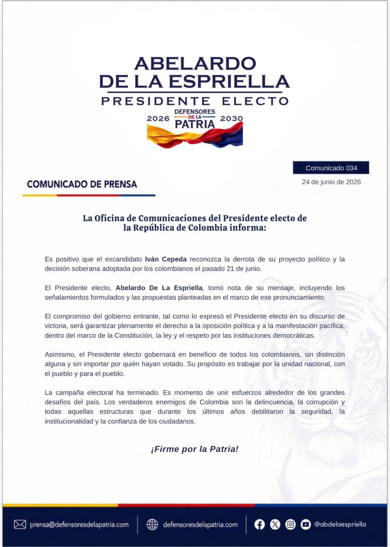 Comunicado oficial del equipo de Abelardo de la Espriella