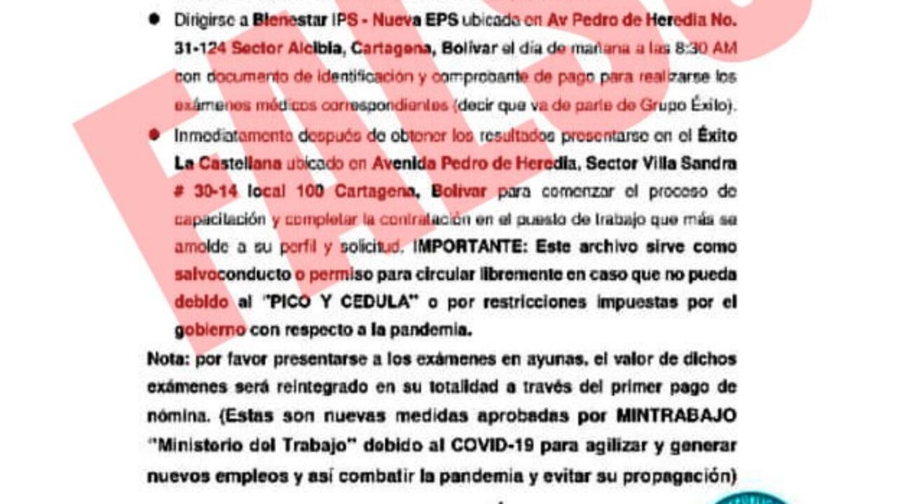 Por medio de estos comunicados, los estafadores invitan a las personas a consignar distintas sumas de dinero a una supuesta cuenta de ahorros de la Nueva Eps, para costear el 30% del valor de exámenes médicos y para ingresar a laborar en dichos supermercados.