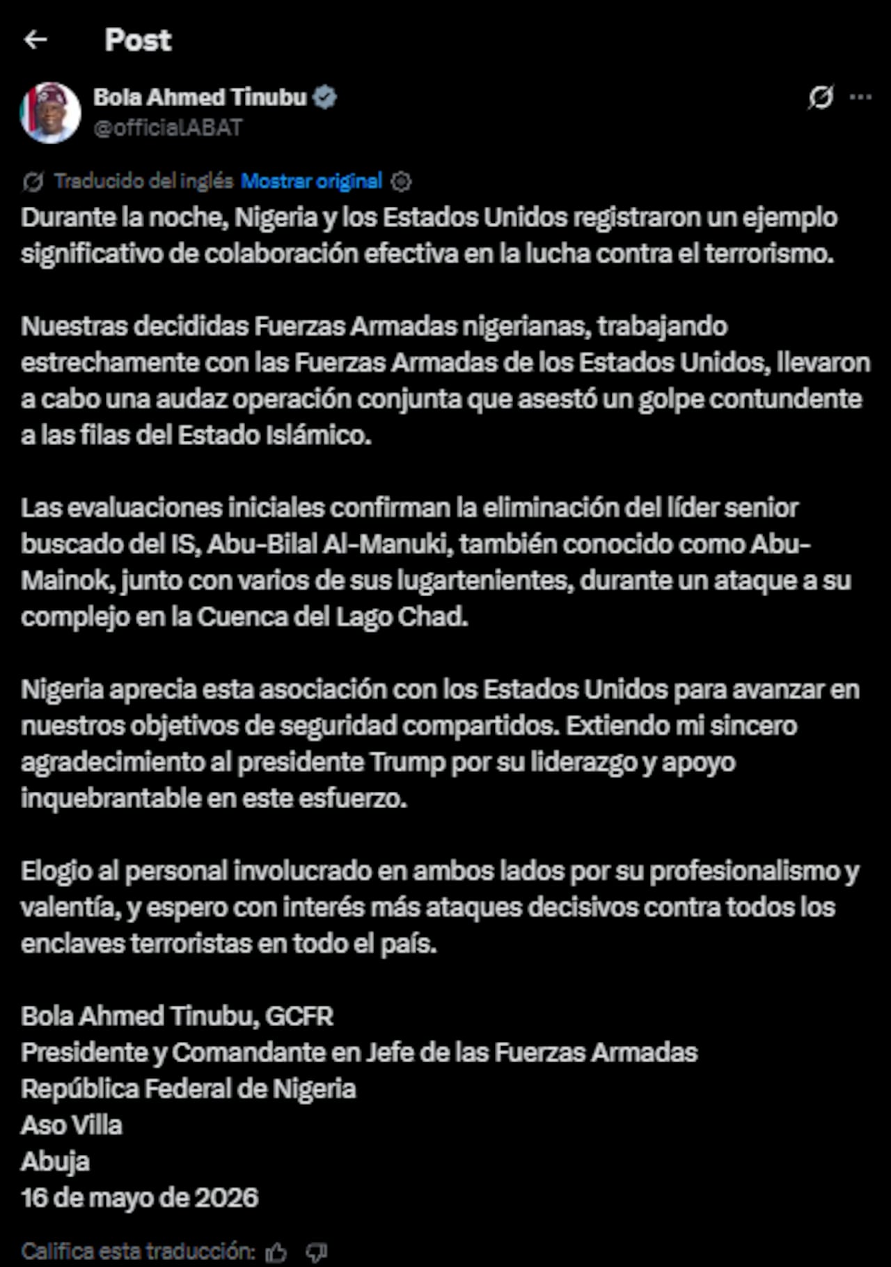 El presidente de Nigeria, Bola Ahmed Tinubu, también se pronunció sobre la operación
