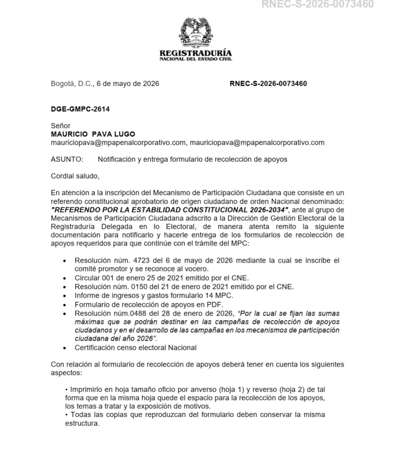 La Registraduría Nacional reconoció al comité promotor del referendo.