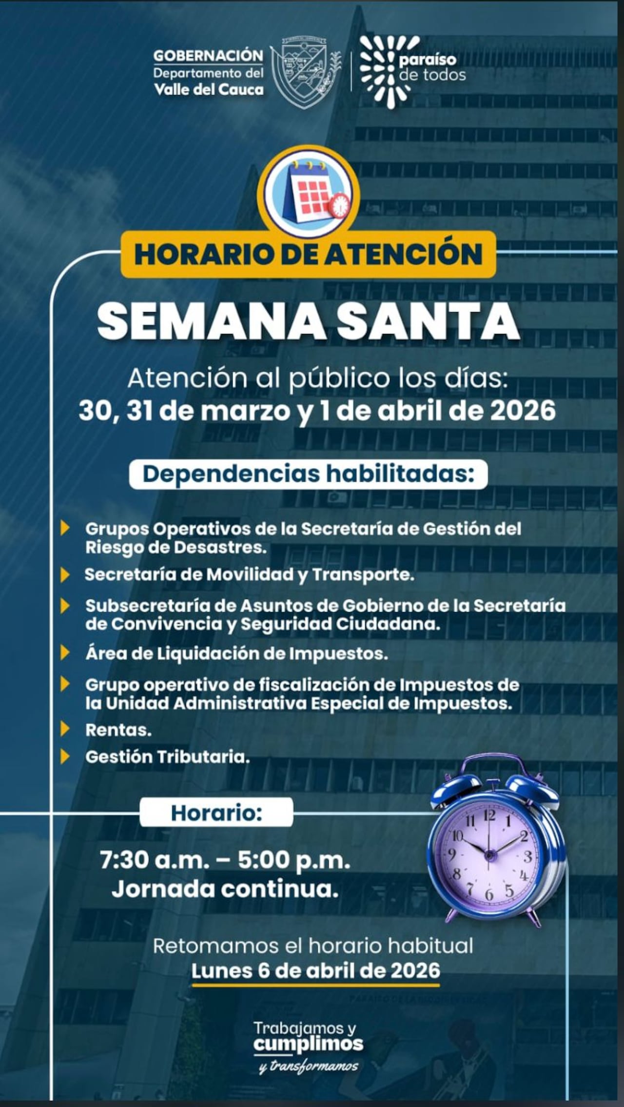 Gobernación del Valle ajusta horarios por Semana Santa