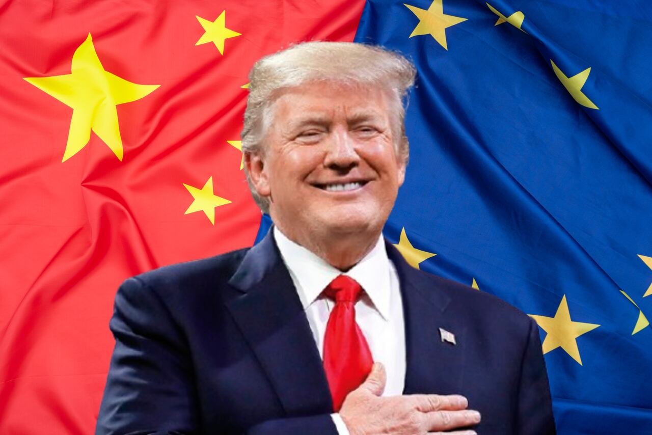 Banderas de China y la Unión Europea junto a Donald Trump