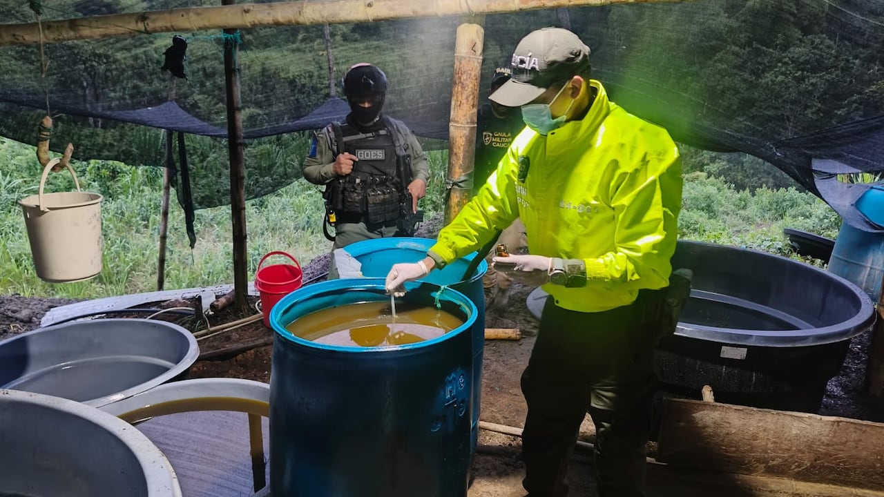 Durante las diligencias de allanamiento y registro en la vereda Cerrillos, las autoridades destruyeron 49 kilogramos de clorhidrato de cocaína, nueve tanques con hoja de coca e insumos químicos, 680 galones de ACPM y maquinaria especializada para el procesamiento de narcóticos, con un valor estimado superior a los 350 millones de pesos.