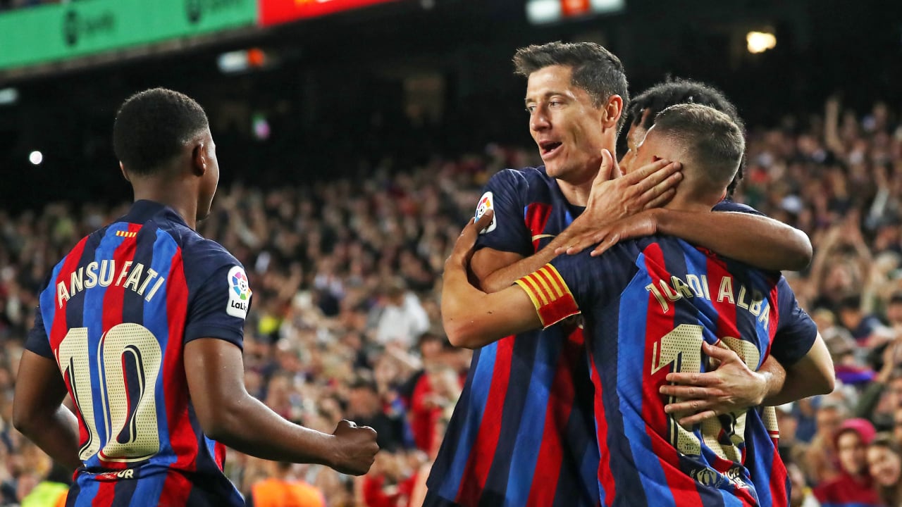 Jordi Alba goal celebration during the match between FC Barcelona and Club Atletico Osasuna, corresponding to the week 33 of the Liga Santander, played at the Spotify Camp Nou Stadium, in Barcelona, on 02th May 2023. (Photo by Getty Images/Joan Valls/Urbanandsport /NurPhoto)