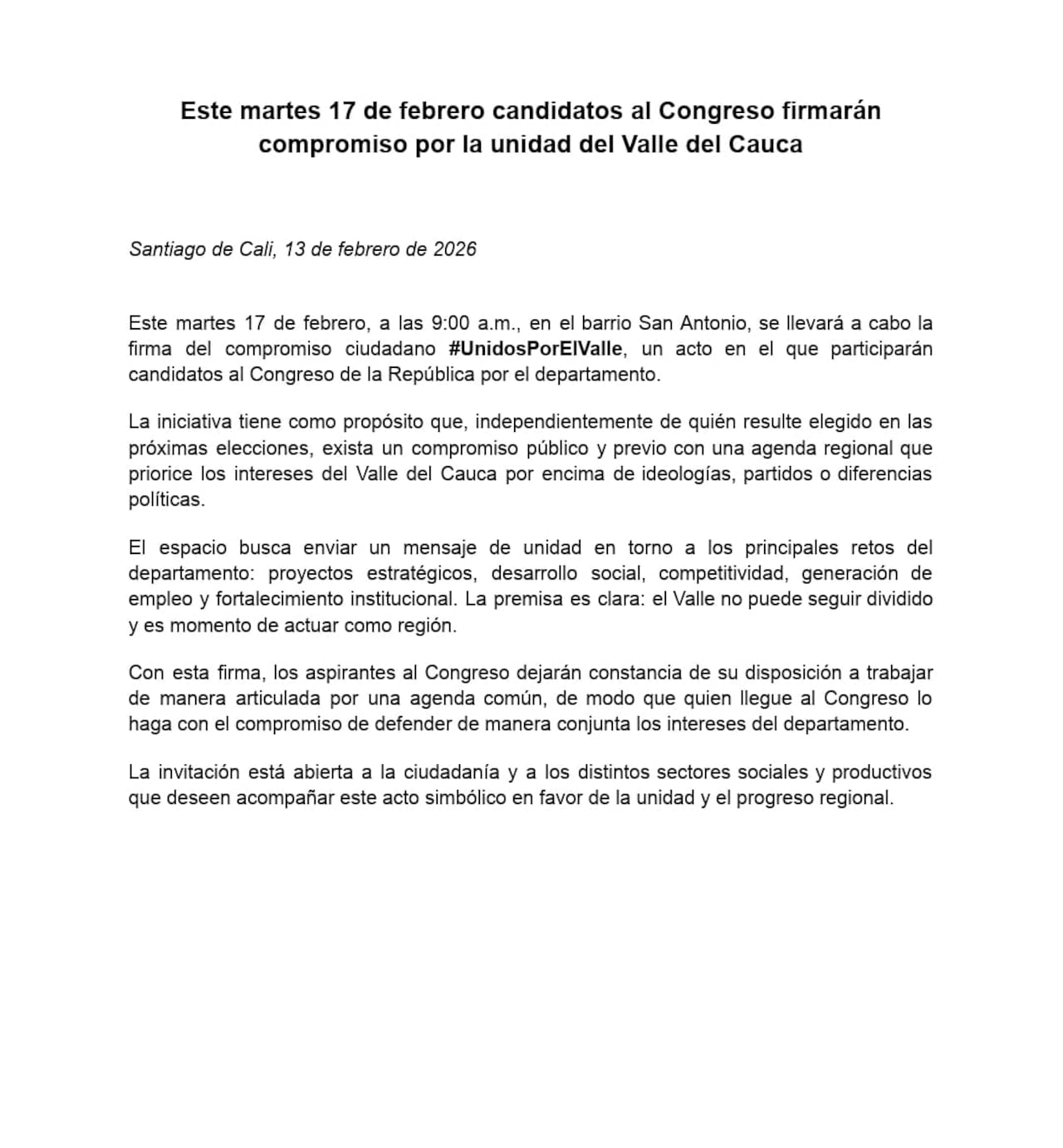 'Unidos por el Valle' compartió el comunicado sobre los compromisos comunes que se esperan alcanzar.