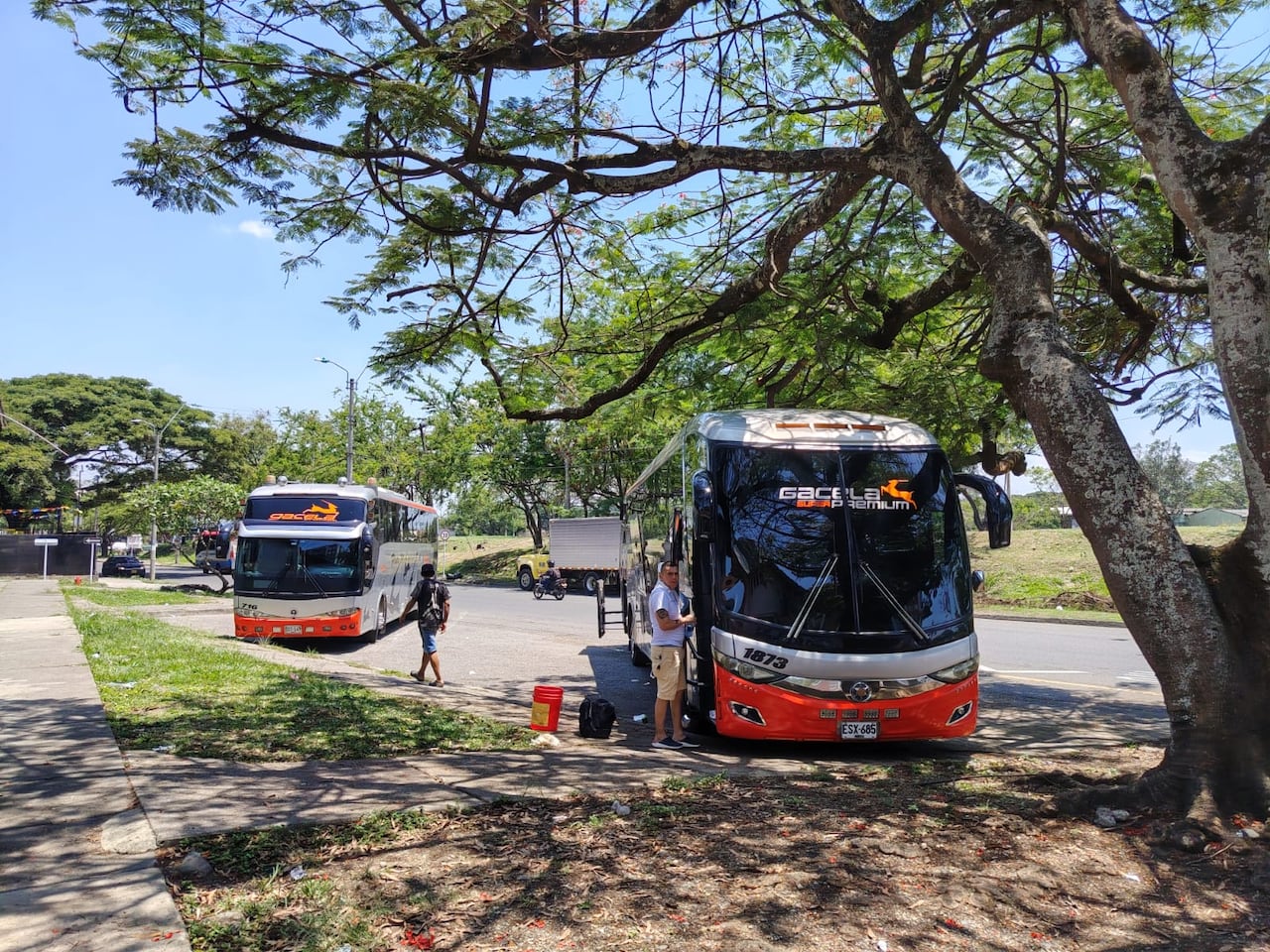 Buses de dos pisos de Flota Magdalena estarían ocupando el espacio público frente a la Unidad Recreativa Parque de la Tercera Edad, en la comuna 2, en el norte de Cali.