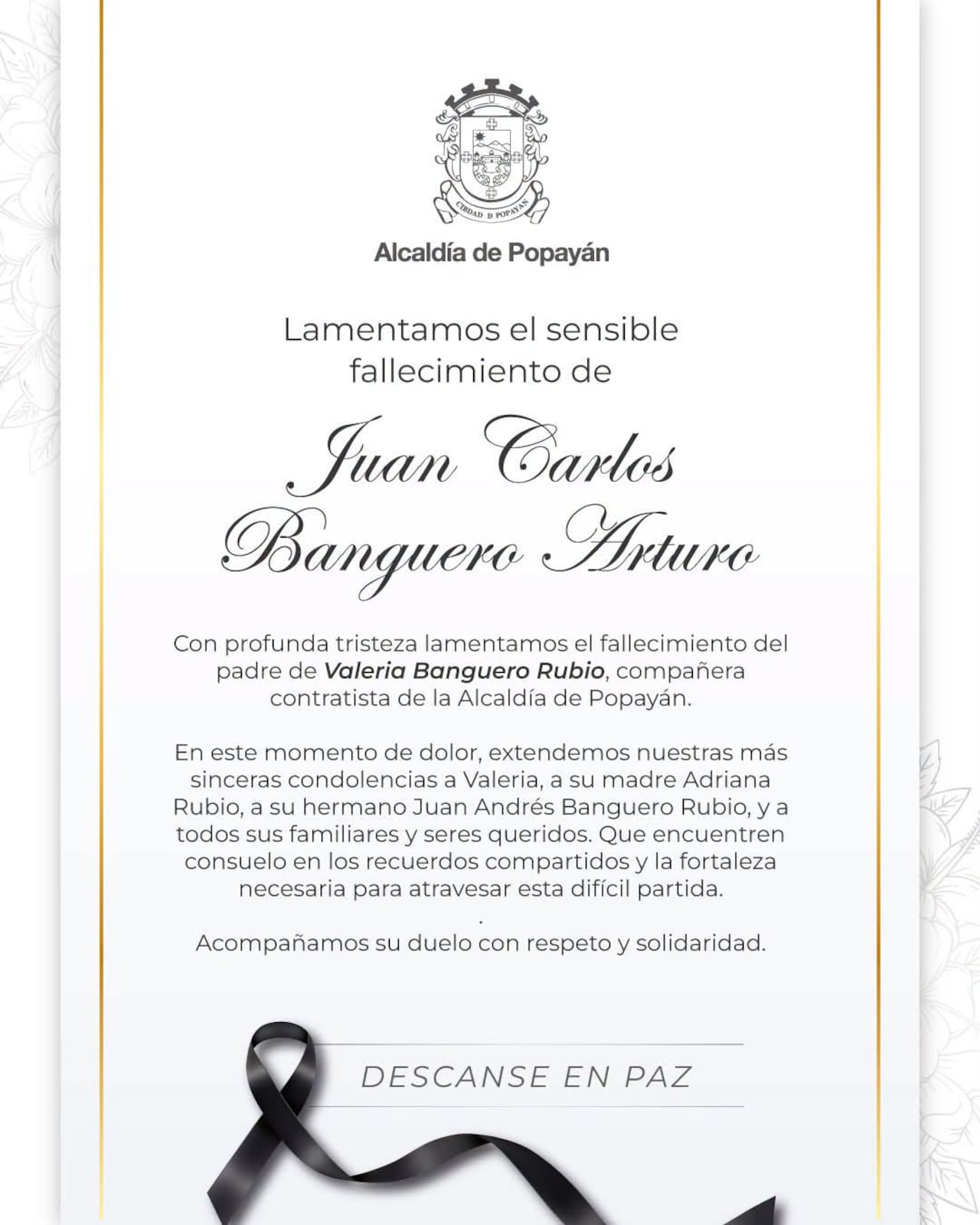 Familiares, amigos y diferentes sectores de la sociedad caucana destacaron el legado humano y espiritual que dejó Juan Carlos Banguero a lo largo de su vida.
