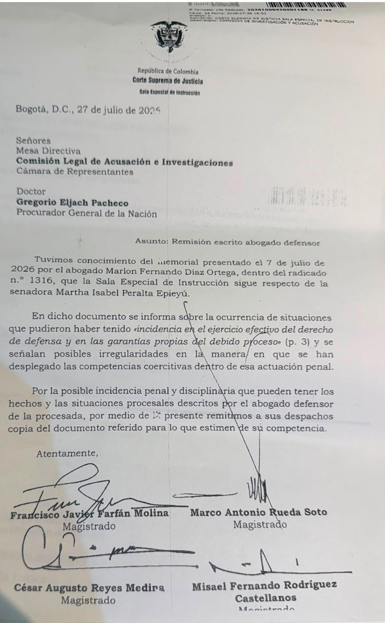 Carta de Magistrados contra Lombana