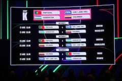 La pantalla muestra el calendario del Grupo K durante el anuncio del calendario oficial de partidos de la Copa Mundial de la FIFA 2026 el 6 de diciembre de 2025 en Washington, DC.