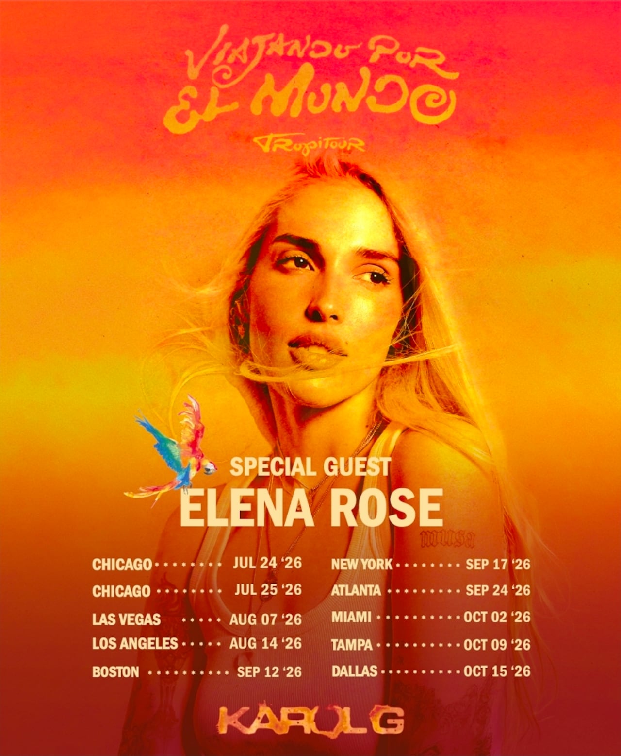Elena Rose acompañará a Karol G en su gira de conciertos.