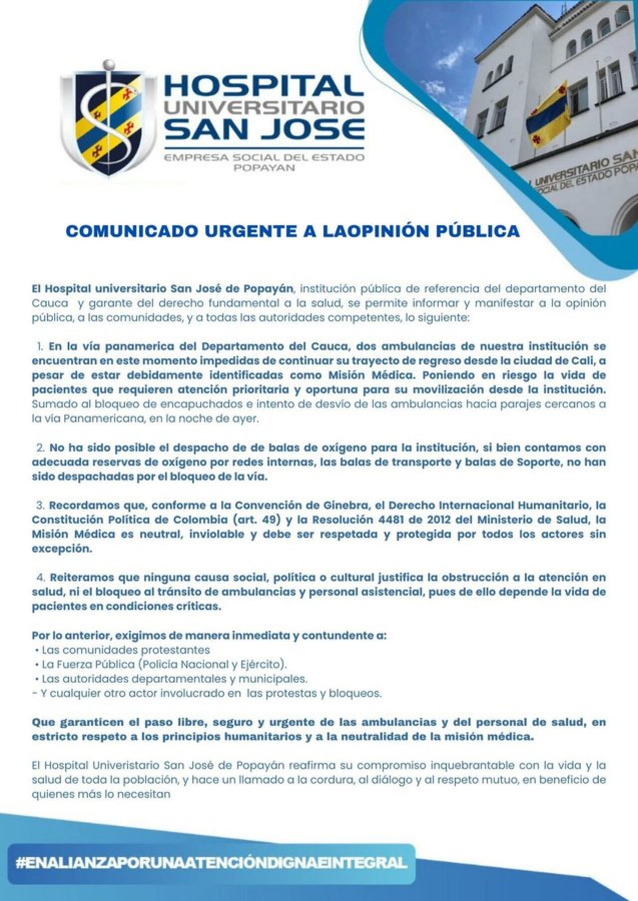 Comunicado del Hospital San José de Popayán.